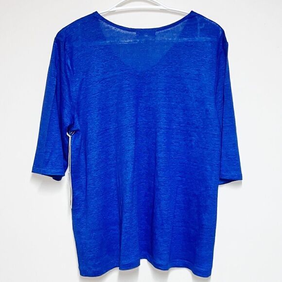 NWT Habitat Linen V Neck Cobalt Blue Button Detail Boxy Tee Womens Sz S/M - Picture 2 of 6